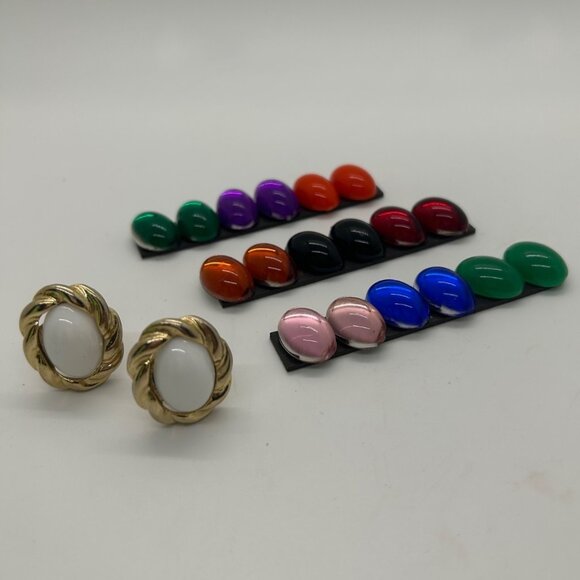 Estate Jewelry - Vintage Gold-Tone Interchangeable Clip-On Earrings 10 Interchangeable Cabochons